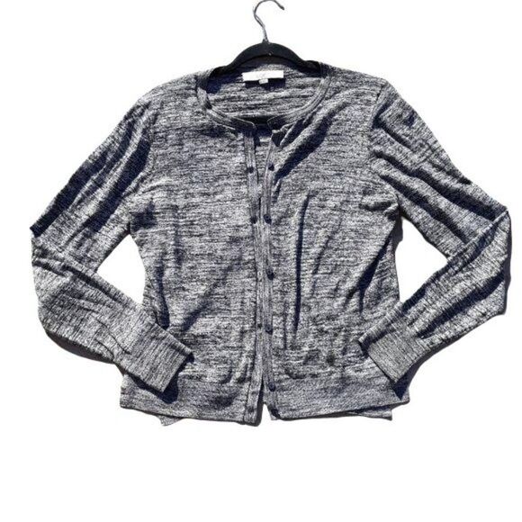 Ann Taylor Loft Y2K Space Dye Marl Knit Button Down Cardigan Black White Sz M - Picture 2 of 11